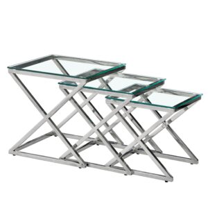Bella Set of 3 Silver Side Table - Clear Glass