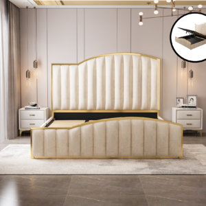 Elegant Luxury King Size Bedframe in Beige with Gas Lift Storage Velvet Fabric Golden Trim