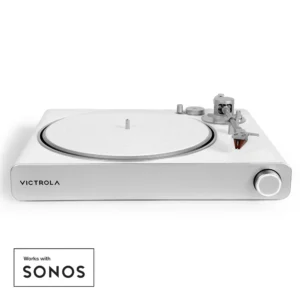 Victrola Stream Pearl turntable in white and silver showing carbon fibre tonearm