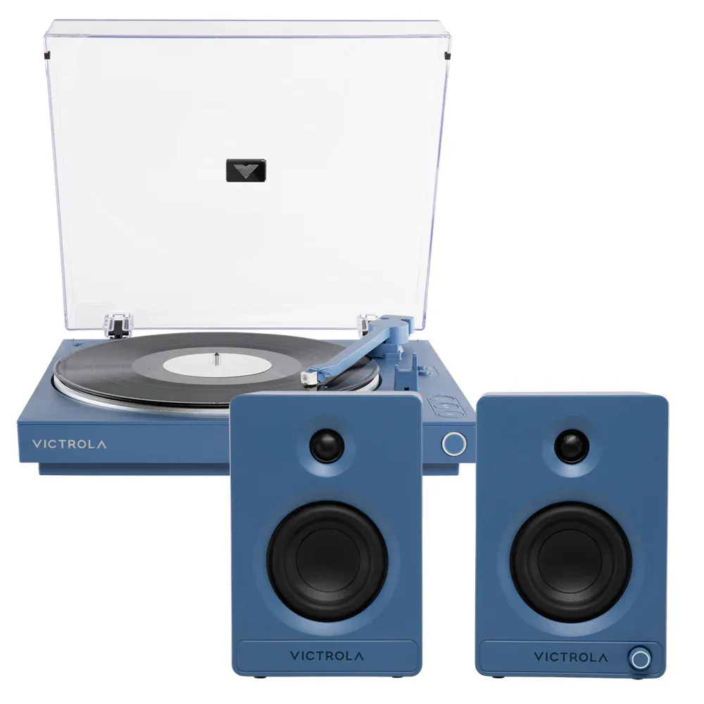 Victrola Automatic Turntable &Amp; Tempo Speakers Bundle - Blue – Nice N Cheap Variety Store Victrola Automatic Turntable &Amp; Tempo Speakers Bundle In Blue Complete System Setup