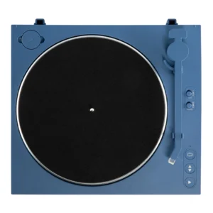Blue Victrola Automatic Bluetooth Turntable Setup On An Entertainment Unit