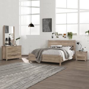 4 Pieces Bedroom Suite Natural Wood Like MDF Structure Queen Size Oak Colour Bed, Bedside Table & Tallboy