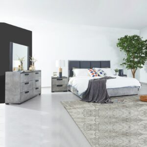 Queen 5 Pcs Bedroom Suite Fabric Upholstery MDF Combination of Black & Cement Colour