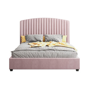 Camelia King Single Size Bed Frame Pink Velvet Upholstery High Headboard Quality Slats Metal Structure - Image 2