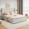 Veronica Bed Frame King Size Winged Grey Linen Fabric Seam Grid Pattern With Gas Lift Plywood Metal Structure Product Image Nice N Cheap Variety Store