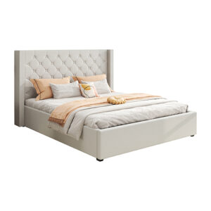 Veronica Bed Frame Queen Size Winged Grey Linen Fabric Seam Grid Pattern With Gas Lift Plywood Metal Structure - Image 2