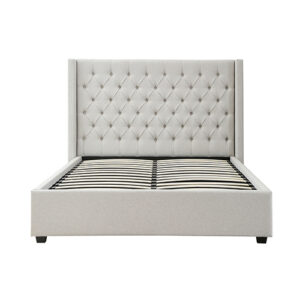 Veronica Bed Frame Queen Size Winged Grey Linen Fabric Seam Grid Pattern With Gas Lift Plywood Metal Structure - Image 3