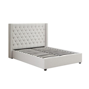 Veronica Bed Frame Queen Size Winged Grey Linen Fabric Seam Grid Pattern With Gas Lift Plywood Metal Structure - Image 4