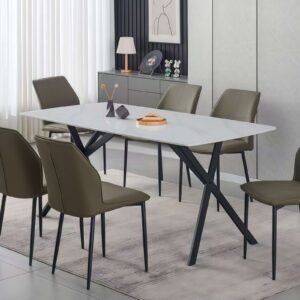 Dining Table Rectangular Shape White Sintered Stone Top Powder Coated Iron Legs