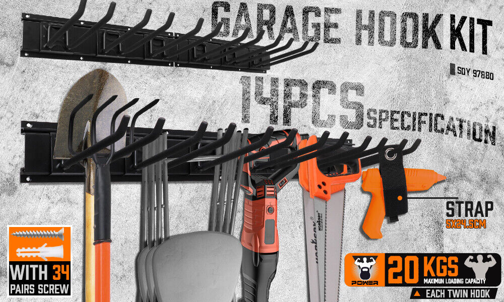 Wall Mounted Hook Rail Set Bike Holder Garden Tool Storage Rack Garage Organizer – Nice N Cheap Variety Store Wall Mounted Hook Rail Set Bike Holder Garden Tool Storage Rack Garage Organizer - Image 2