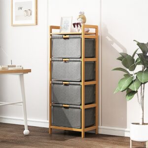 Bamboo Shelf with Storage Hamper – Wooden Organiser with 4 Laundry Bags