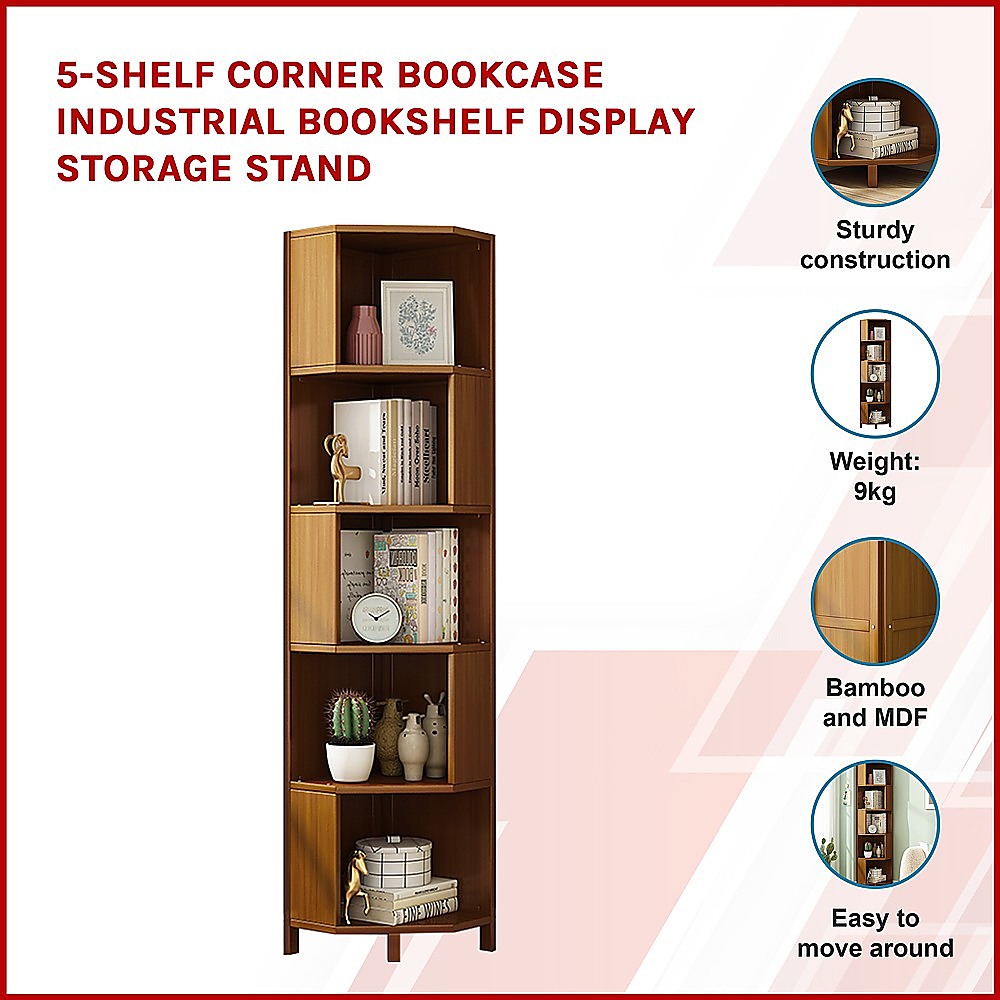 5-Shelf Corner Bookcase Industrial Bookshelf Display Storage Stand – Nice N Cheap Variety Store 5-Shelf Corner Bookcase Industrial Bookshelf Display Storage Stand - Image 3