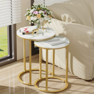 2Pcs Gold Marble Nesting Side End Tables Round Small Stacking Drink Coffee Table - Image 3