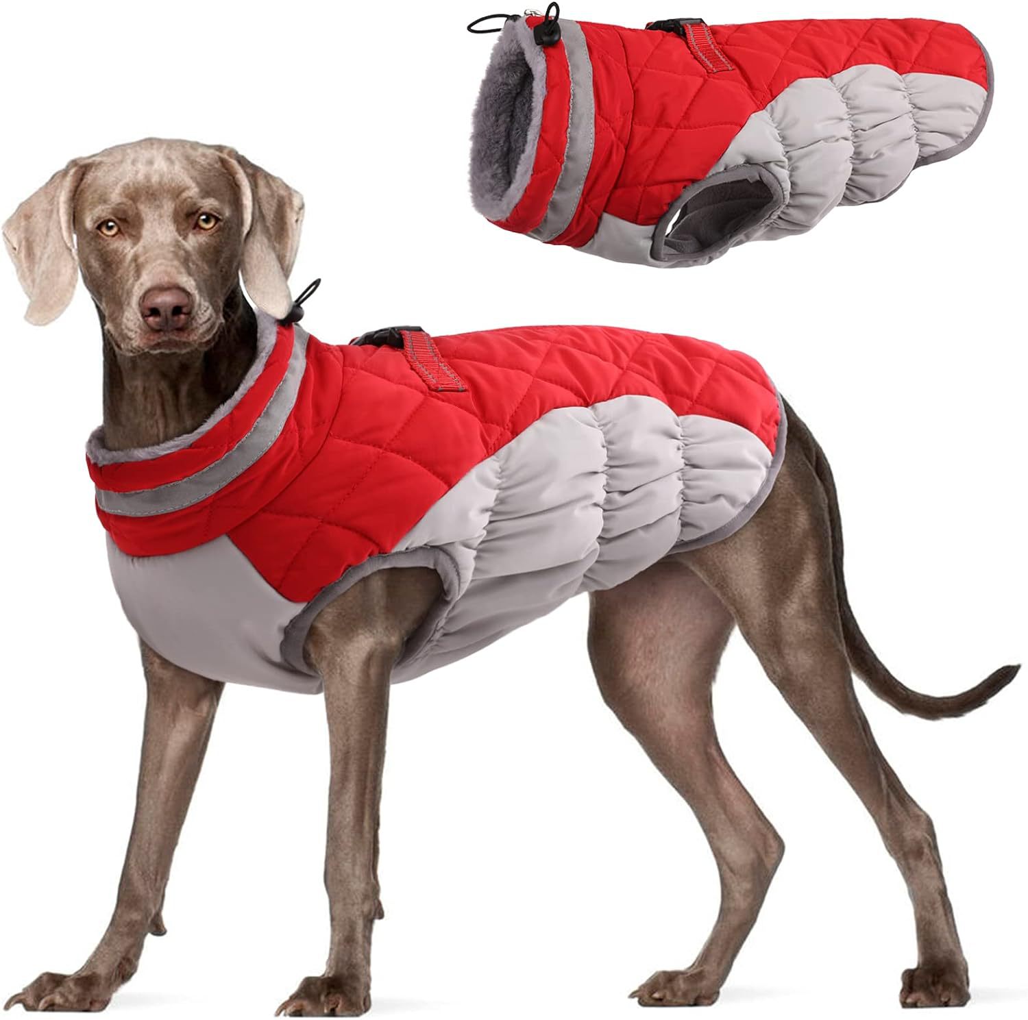 Xxl Red Grey Puffer Dog Coat – Windproof &Amp; Fleece-Lined – Nice N Cheap Variety Store Puffer Dog Coat