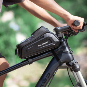 ROCKBROS Hard Shell Bike Top Tube Bag - Waterproof Cycling Frame Pouch with TPU Touchscreen Phone Holder & Sun Visor - 1.7L Large Capacity for MTB & Road Bikes - Black