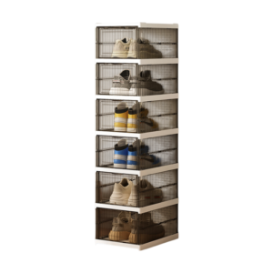 Transparent Grey 6-Layer Foldable Shoe Storage Tower with Transparent Display Panel & Back Ventilation - One-Pull Instant Setup Stackable Box (25.5x34.5x105CM)