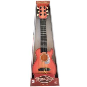 Vibrant kids toy guitar isolated on a clean white background.