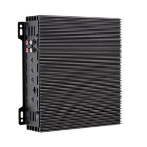 Black 2-channel bridgeable car amplifier showing top aluminium casing