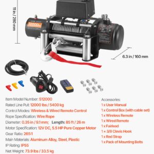 Electric Winch, 5400 Kg Load Capacity, 12V Dc Truck Winch With Φ9.1 Mm X 26 M Steel Rope, Wireless &Amp; Wired Remote Control, Suitable For Towing Suv Jeep Trailer Boat Off-Road Vehicle - Image 7