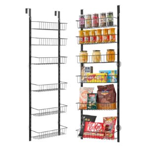 Over the Door Pantry Organizer, 6-Tier Pantry Organization and Storage, Heavy-Duty Steel Hanging Spice Rack, Adjustable Wall Seasoning Shelves, for Home Kitchen Laundry Room Bathroom, Black