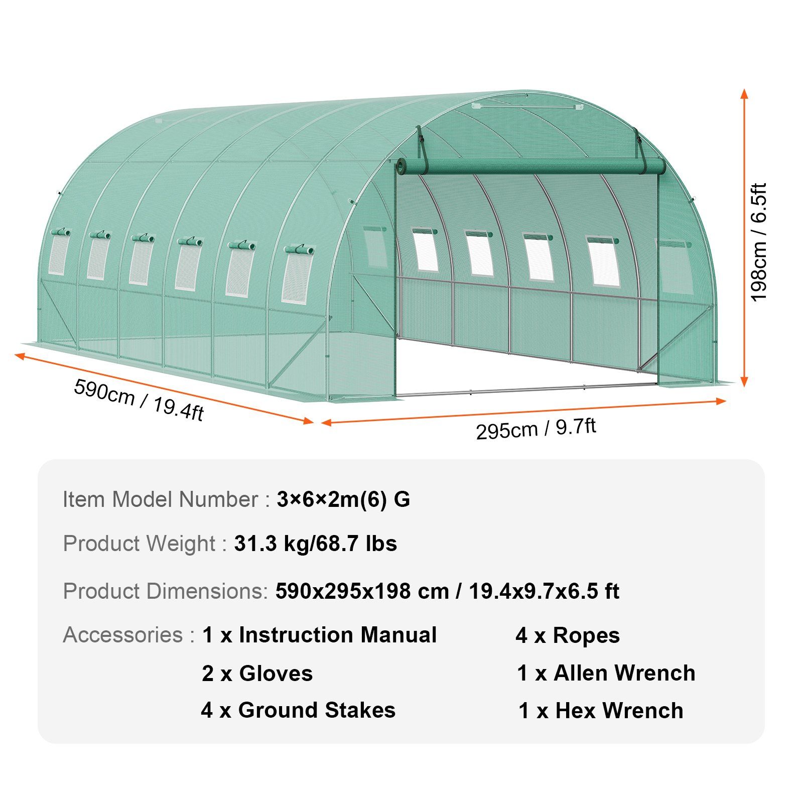 Walk-In Tunnel Greenhouse, 19.4X9.7X6.5 Ft Hoop House Greenhouse Tunnel, Plant Hot House With Galvanized Steel Frame, Green Pe Cover, Roll-Up Zipper Door And 12 Windows For Outdoor – Nice N Cheap Variety Store Walk-In Tunnel Greenhouse, 19.4X9.7X6.5 Ft Hoop House Greenhouse Tunnel, Plant Hot House With Galvanized Steel Frame, Green Pe Cover, Roll-Up Zipper Door And 12 Windows For Outdoor - Image 7