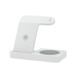Devanti 4-in-1 Wireless Charger Dock white desktop charging stand upright position against a clean backdrop.