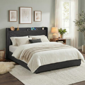 Artiss King Bed Frame Gas Lift Storage Bed with Charging Ports Upholstered Geometric Headboard Charc product image