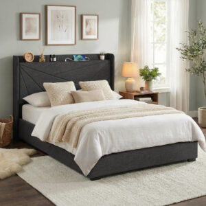 Artiss Queen Bed Frame Gas Lift Storage Bed with Charging Ports Upholstered Geometric Headboard Char product image