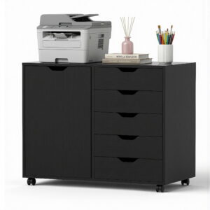 Black mobile rolling cabinet with printer, books, and art supplies on top, 5 drawers, and a side door.