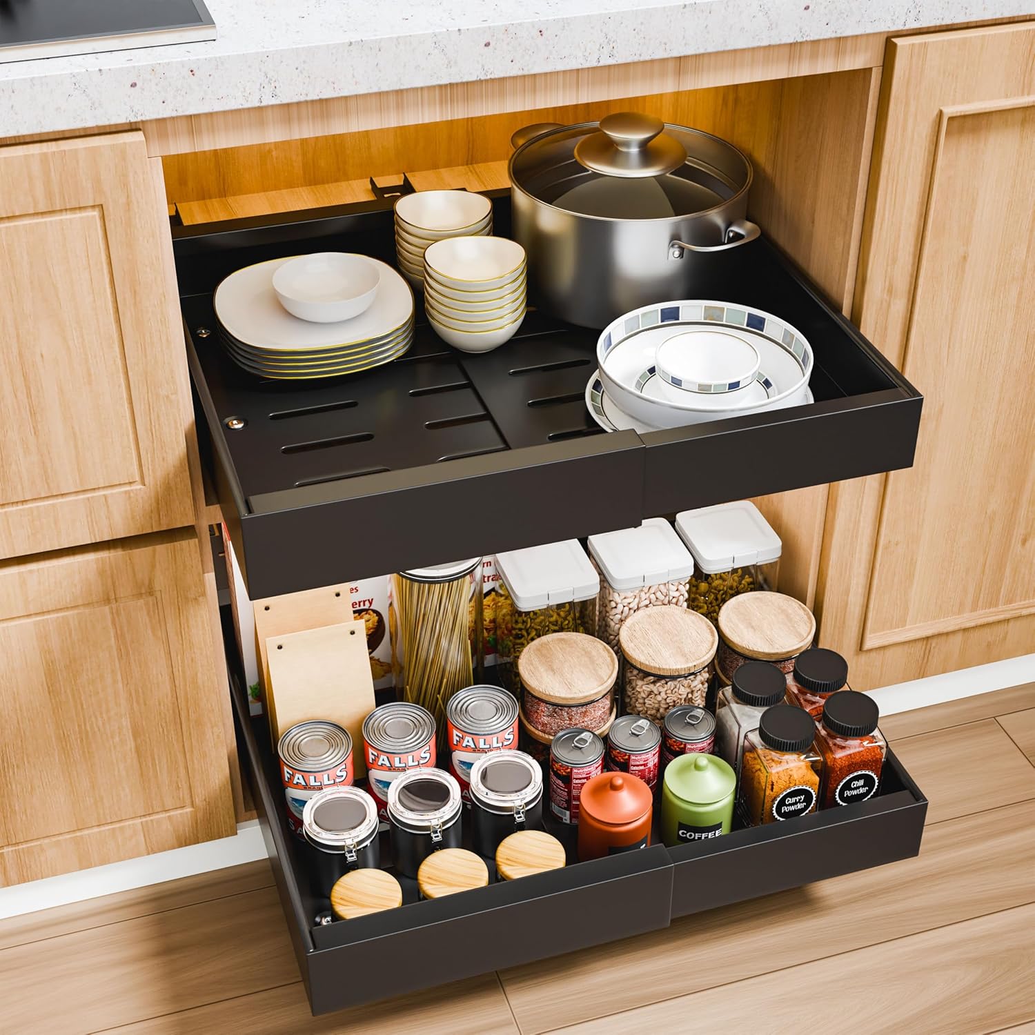 Carla Home Pull Out Cabinet Organiser - Expandable Black – Nice N Cheap Variety Store Carla Home Pack Pull Out Cabinet Organizer Expandable For Cabinets With Adjustable Slide Out Shelves Product Image