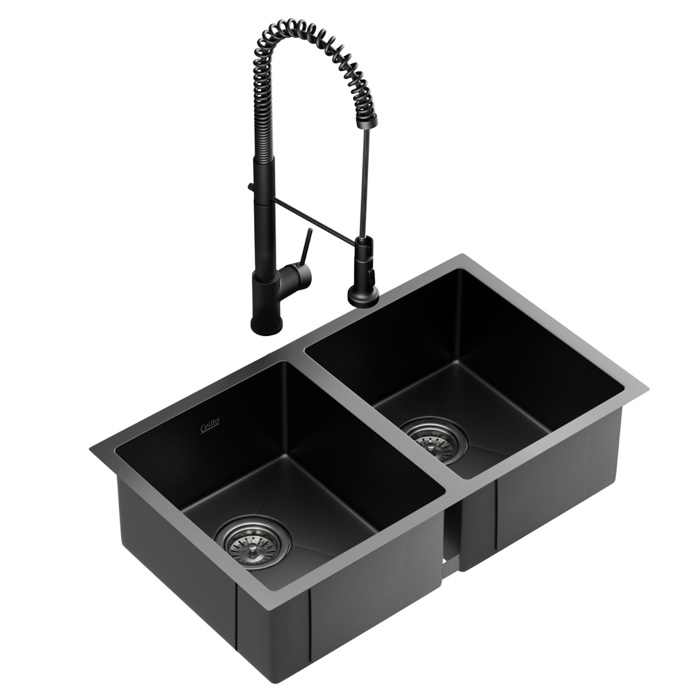 Cefito Black Double Bowl Sink With Pull-Out Tap – Nice N Cheap Variety Store Cefito Stainless Steel Sink 77X45Cm With Pull Out Mixer Tap Kitchen Double Bowl Black Product Image